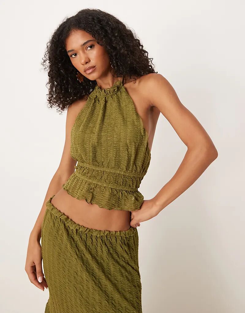 

ASOS DESIGN Комбинируемый фактурный топ без рукавов с халтер-воротом и открытой спиной зеленого цвета