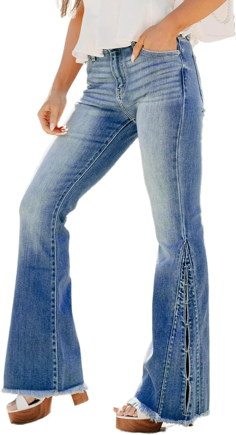 

Женские джинсы flare bell bottom с вырезом по бокам и рваным краем Apvirdy