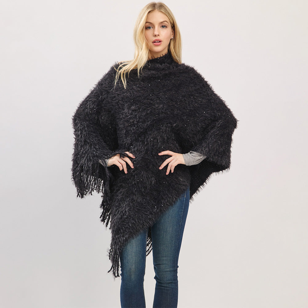 

Пончо из пушистой вязки с бахромой по низу TRUEDAMES, черный