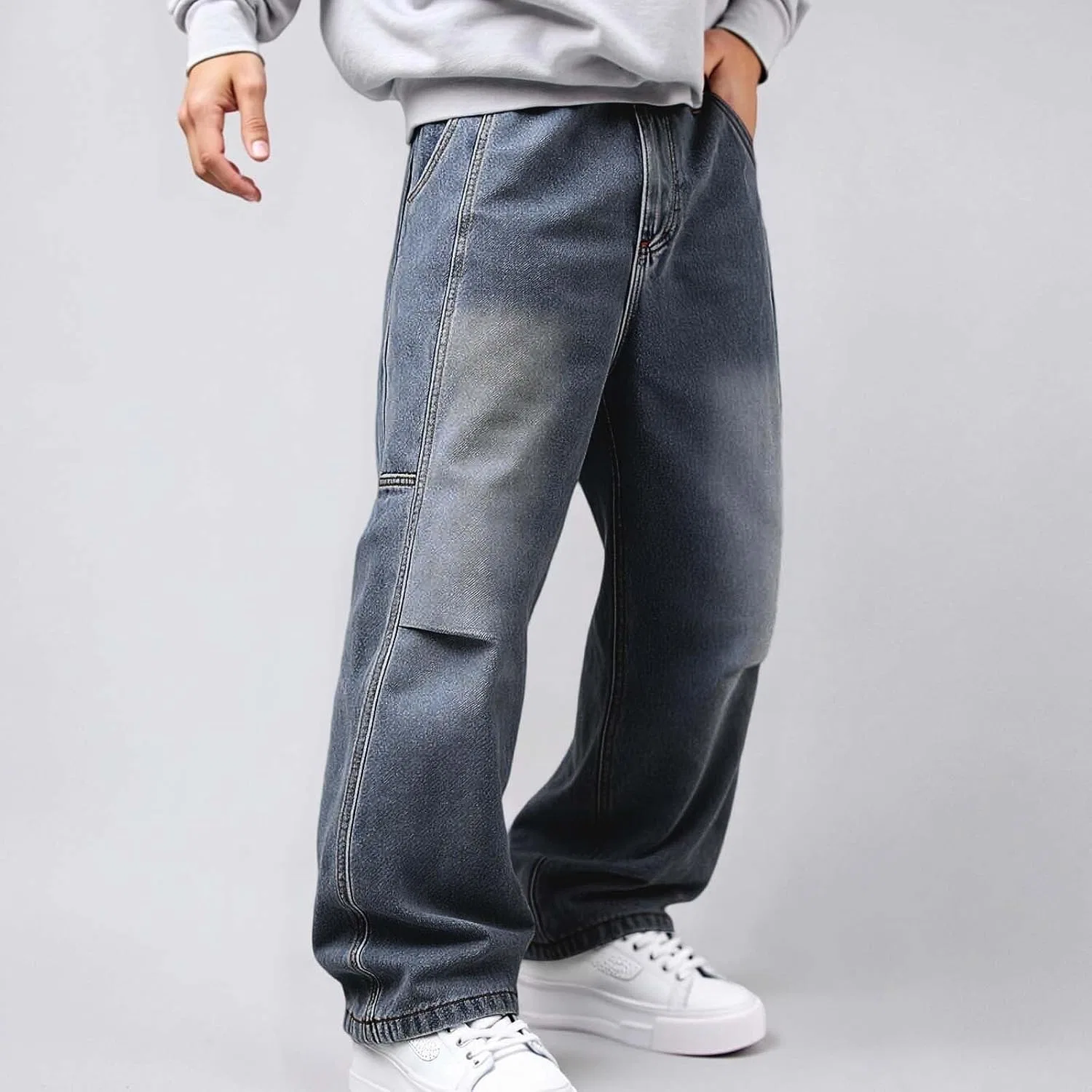 Джинсы широкие Men's Baggy Hip Hop Jeans 2026 Y2K Casual Vintage Wide Leg Skater Denim Pants Loose Fit Long Trousers Denim Streetwear, Dark Blue — фото 2