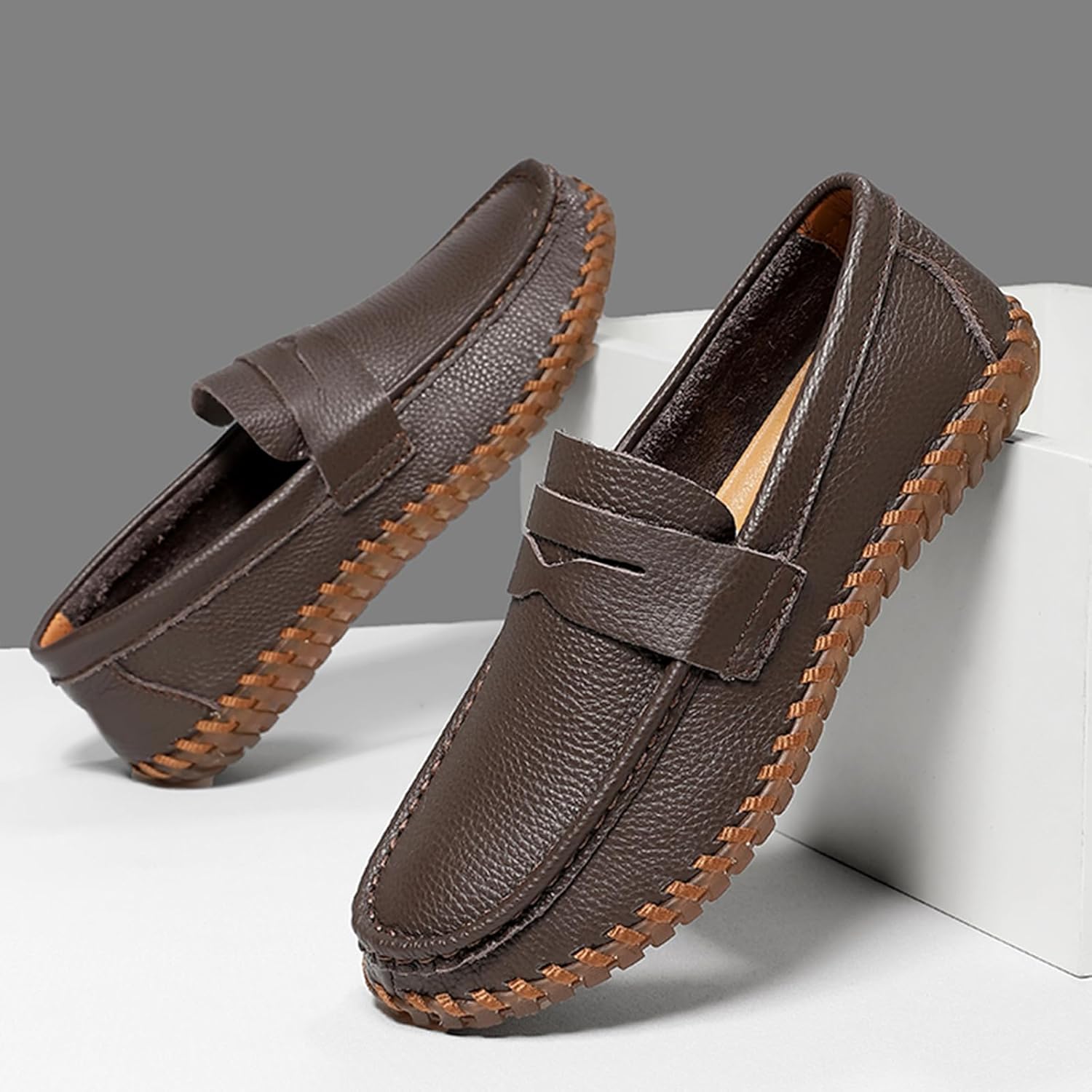 Мужские натуральные кожаные повседневные пенни-лоферы, slip on подошва, мягкая, легкая вождение мокасины, дышащие, удобные горизонтальные ботинки для ходьбы Qijozxn, темно-коричневый — фото 2