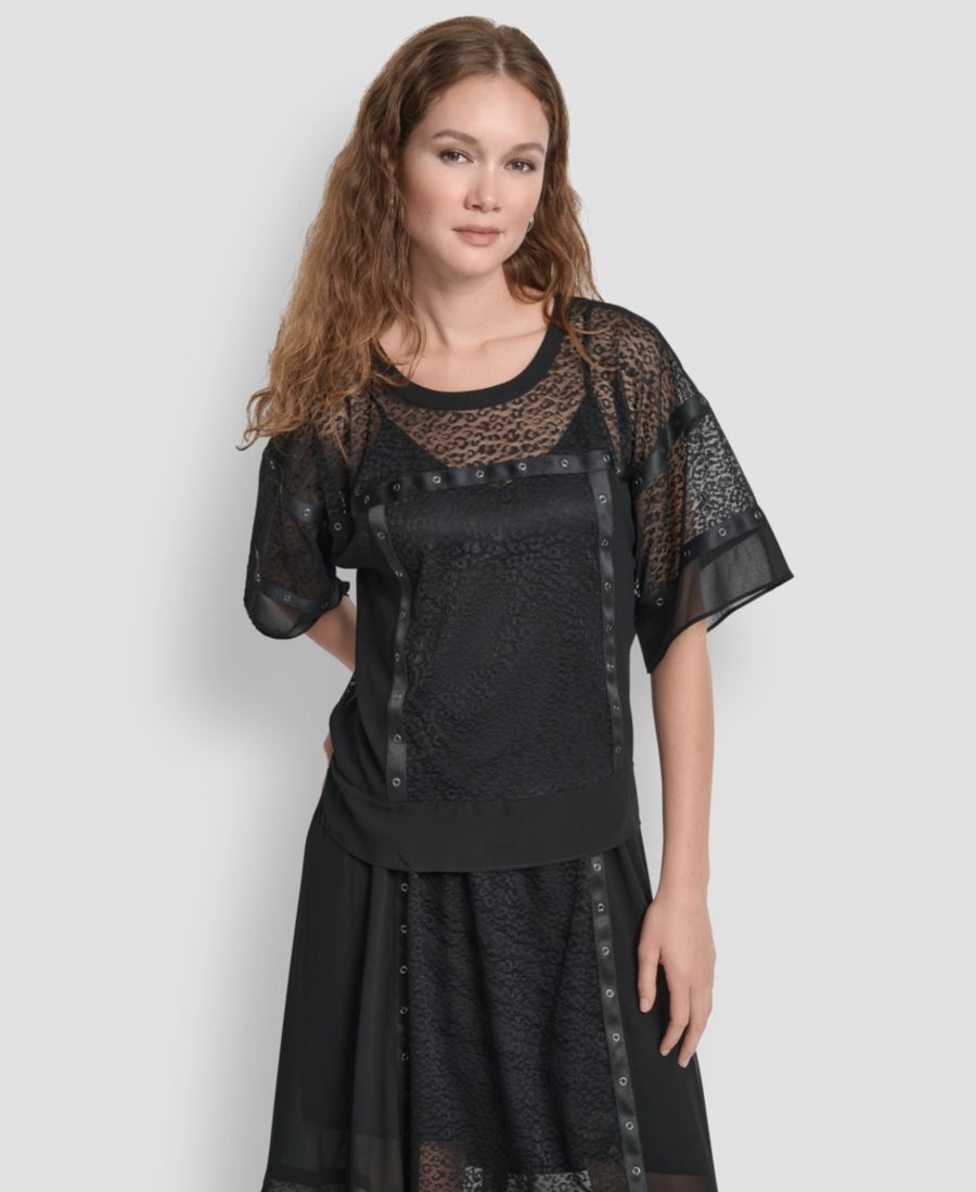 

Женская струящаяся блузка с коротким рукавом и леопардовым принтом из сетчатой ткани DKNY, Black