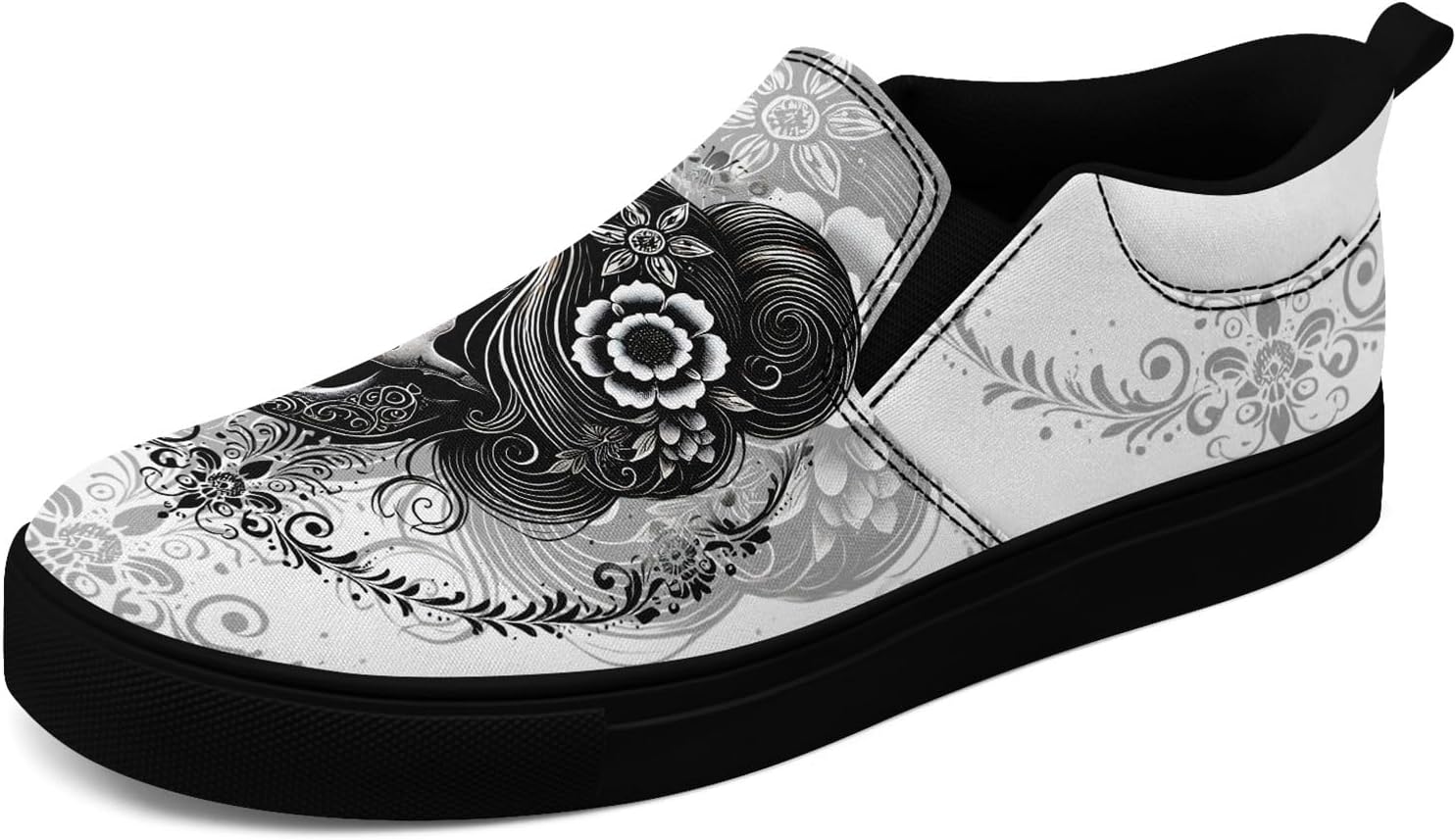 

Крутые настраиваемые низкие кеды из канвы в готическом стиле для мужчин и женщин с черепами и цветочным принтом, слипоны, легкие и удобные, уличная обувь Coolcustomize, белый/черный/серый