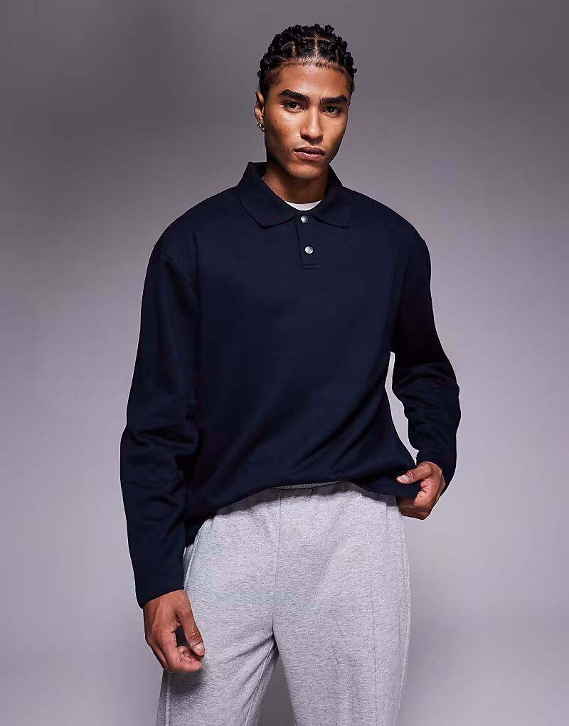 

Свободная толстовка поло на пуговицах с ребристым воротником темно-синего цвета Asos Design, Синий, Свободная толстовка поло на пуговицах с ребристым воротником темно-синего цвета Asos Design