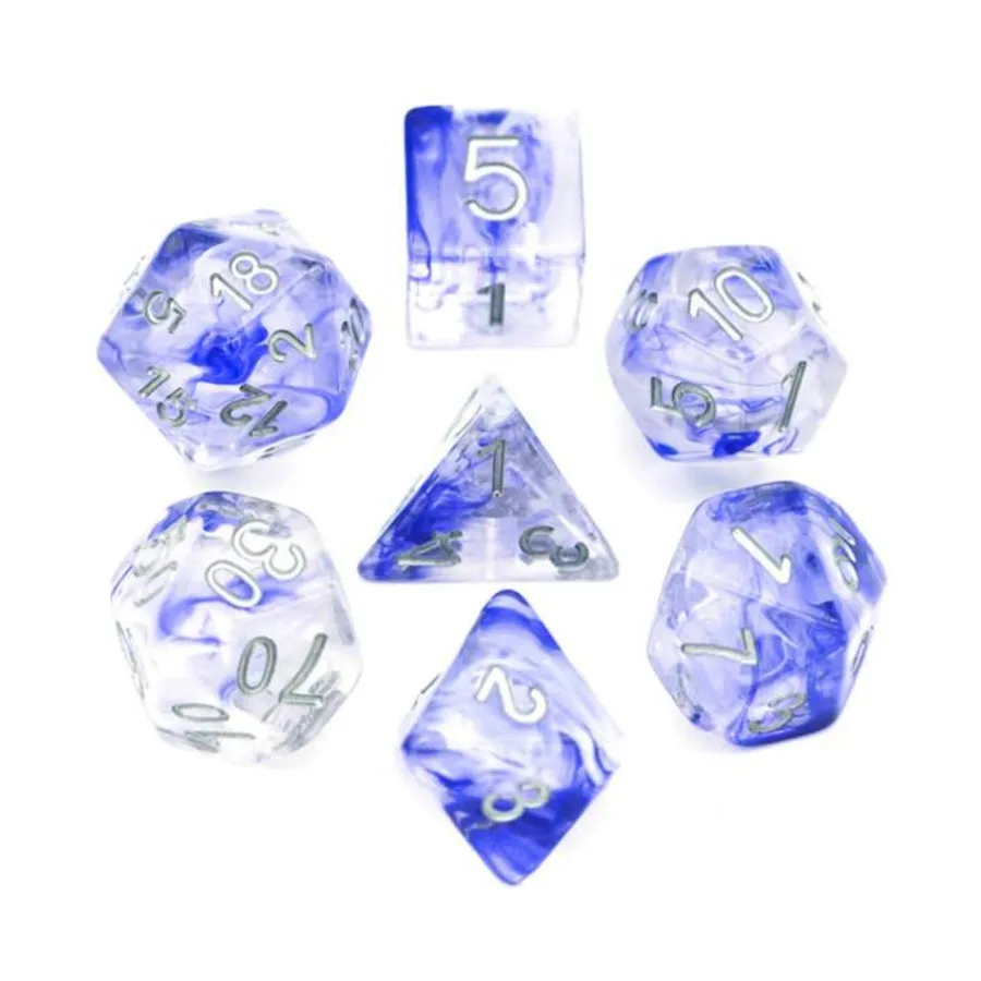 

Набор Poly — чернильное пятно с серебром (7), Dice Sets - Resin/Acrylic - Blue, Green, & Purple (Foam Brain Games)