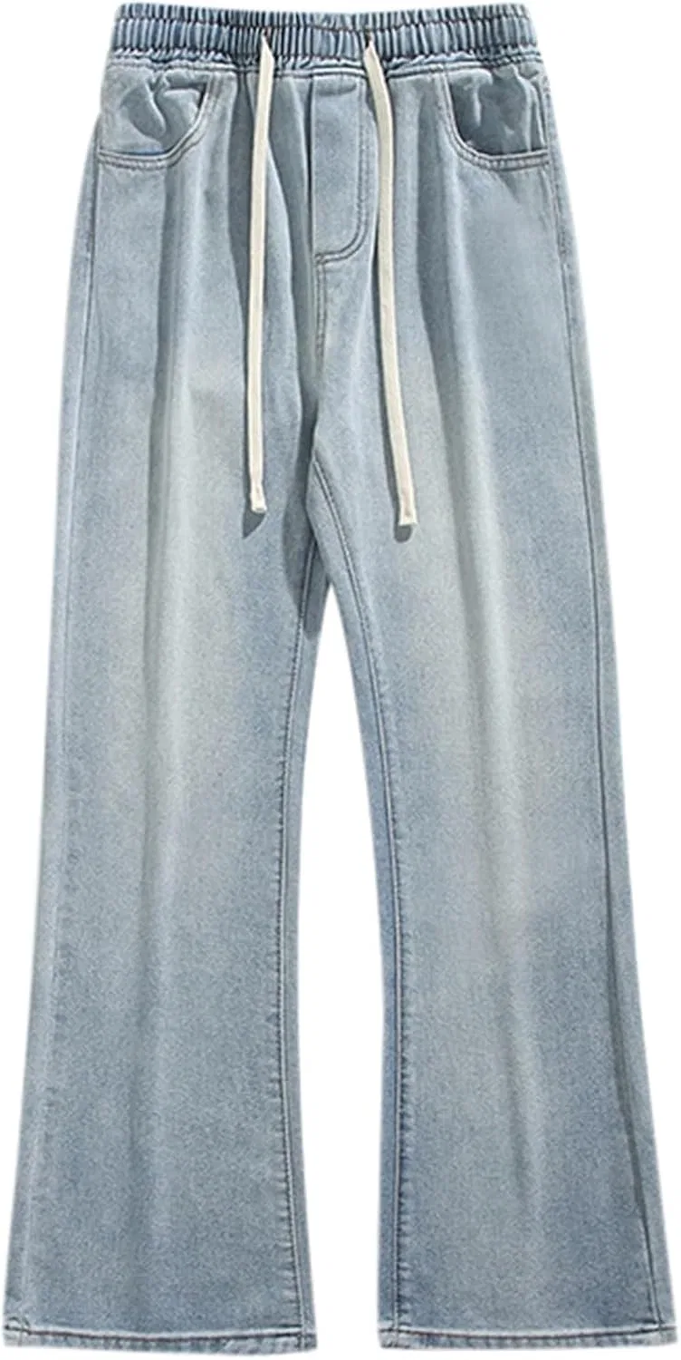 Джинсы клеш, светло-голубые, Men's Flared Jeans Stretch Slim Fit Y2K Drawstring Denim Pants for Youth Trendy Lightweight Straight Leg Modern Streetwear — фото 3