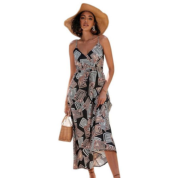 

Женское богемное платье макси с цветочным принтом и завязкой спереди Yesfashion, Black