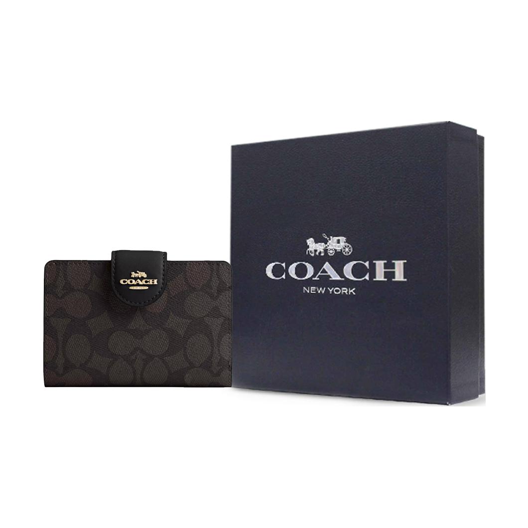 

COACH Высококачественный кожаный кошелек среднего размера для женщин SignatureCanvas с акцентами из орехового дерева и черными деталями, Gift Box Set (Basic Set+Black Box)