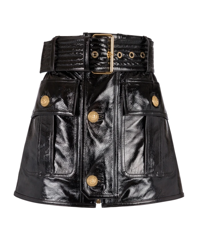 

Короткая лаковая юбка Balmain, черный