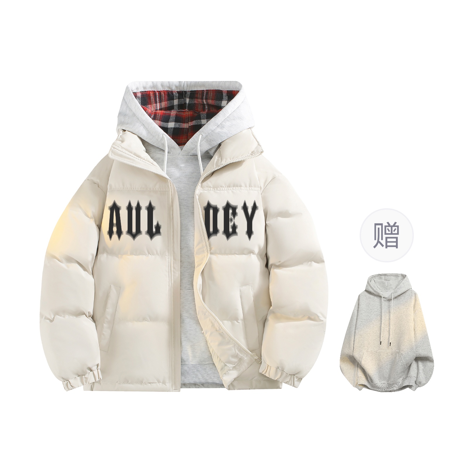 

Пуховик Unisex Stand Collar Thickened AULDEY, экрю (comes with plaid sweatshirt)