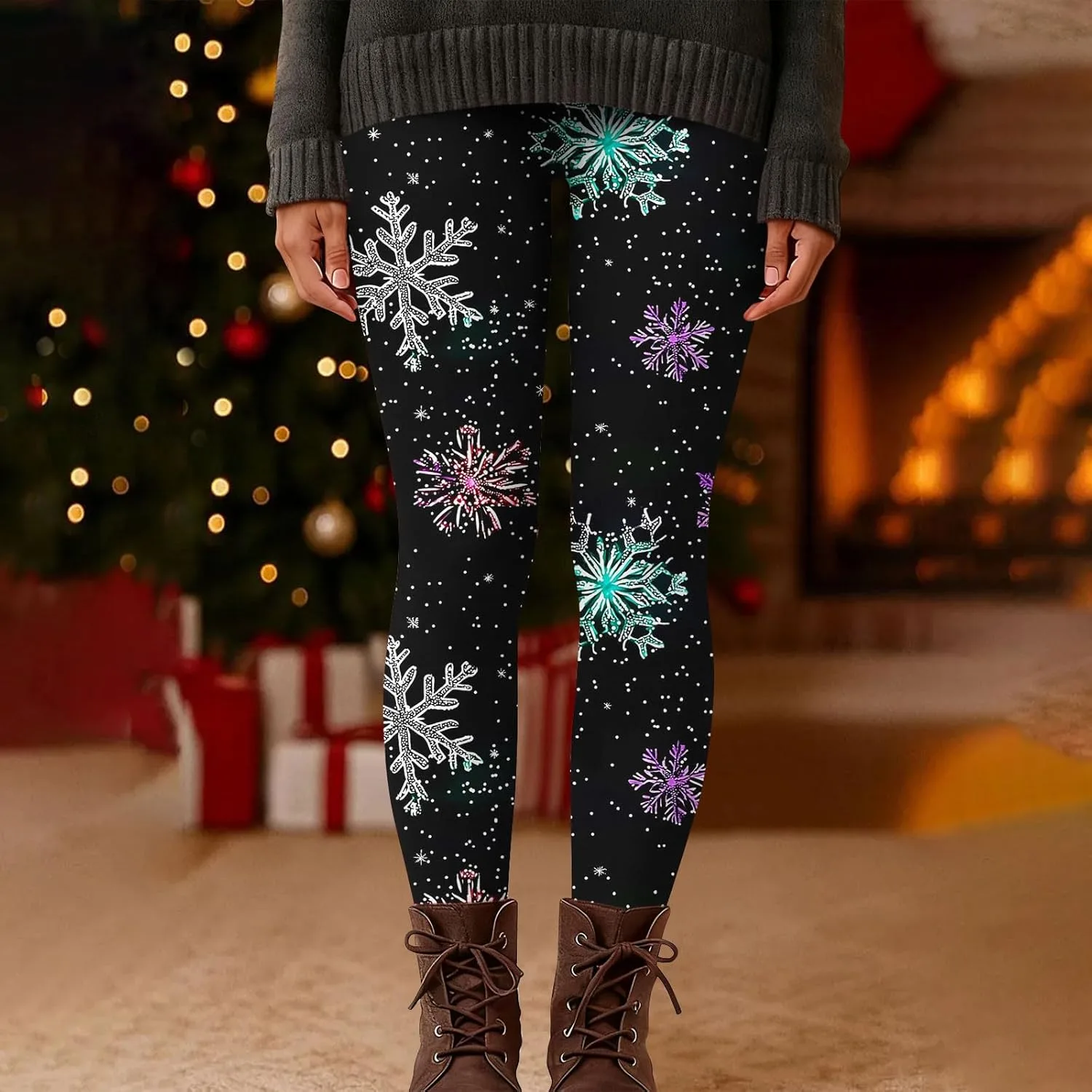 Рождественские леггинсы для женщин High Waisted с поддержкой живота и принтом снежинок — фото 2