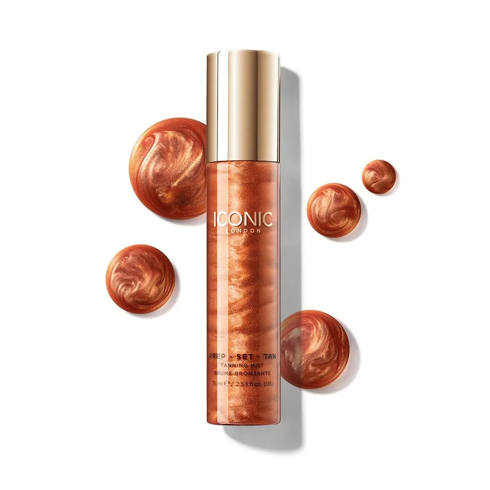 ICONIC LONDON Prep-Set-Tan Glow | Мерцающий спрей для лица с гиалуроновой кислотой, не тестируется на животных, веганский продукт, 75 мл