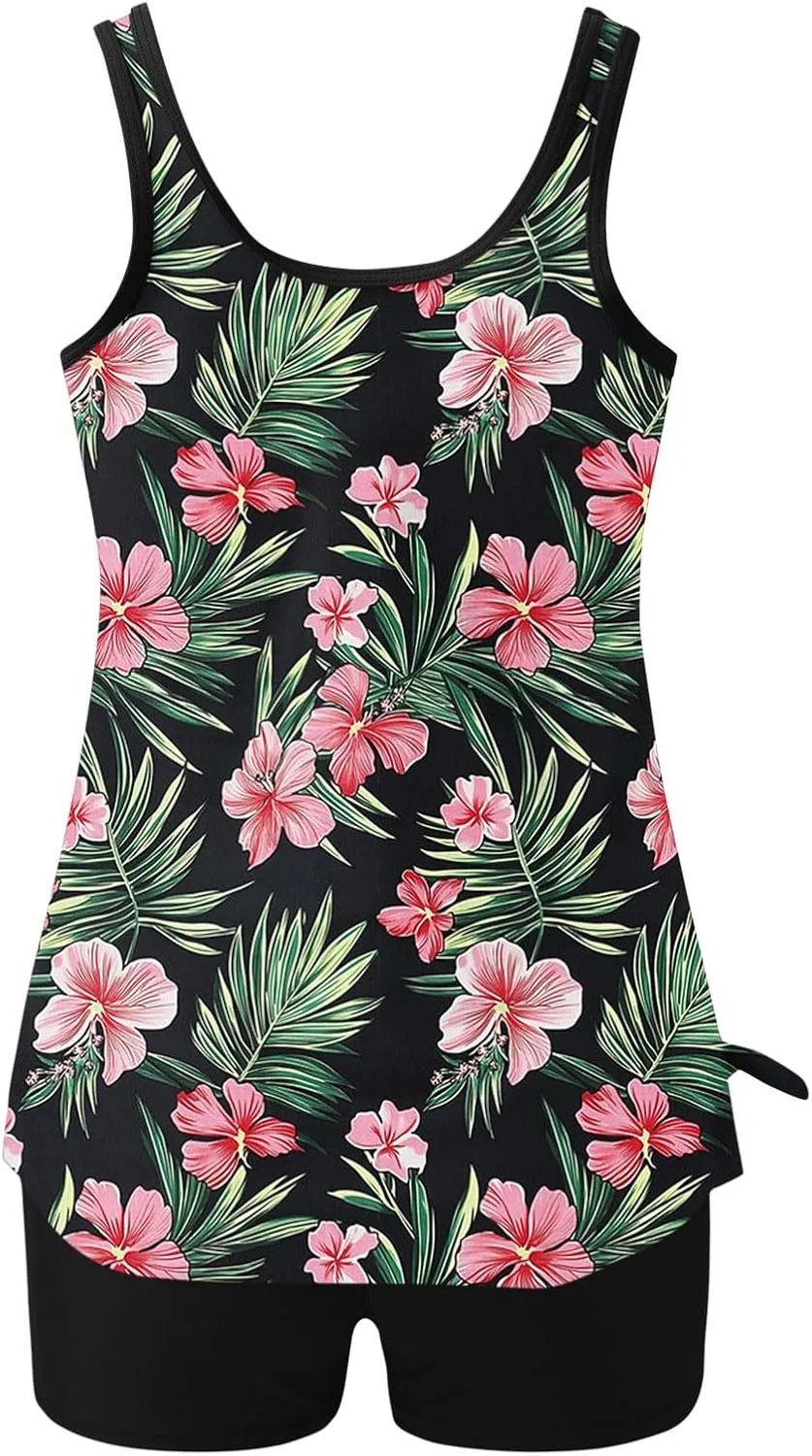Женский купальник танкини с шортами для плавания Casual Hawaii, корректирующий фигуру, скромный Generic, зеленый — фото 4
