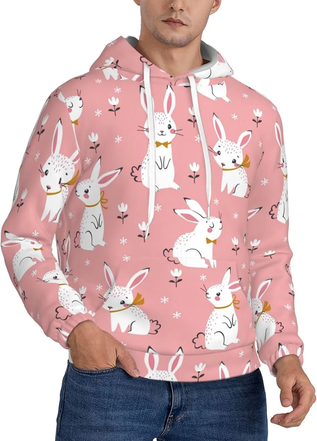 

Мужская флисовая толстовка с капюшоном и карманом, белый кролик SamLng