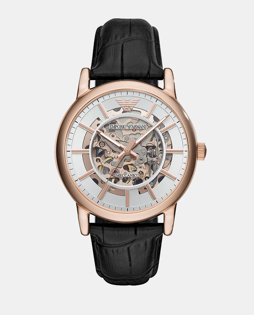 

Экологичные автоматические мужские часы AR60007 из черной кожи Emporio Armani, черный