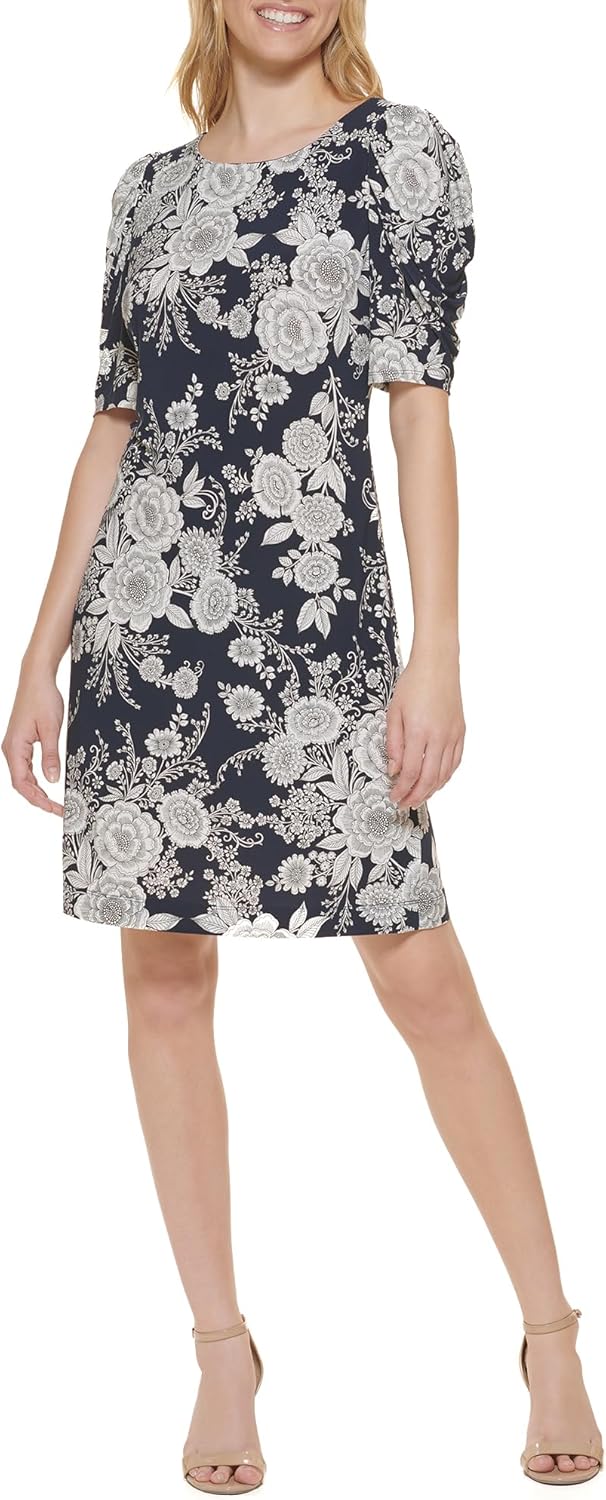 

Женское платье Tommy Hilfiger из джерси с цветочным принтом и короткими рукавами-фонариками, Sky Captain/Ivory