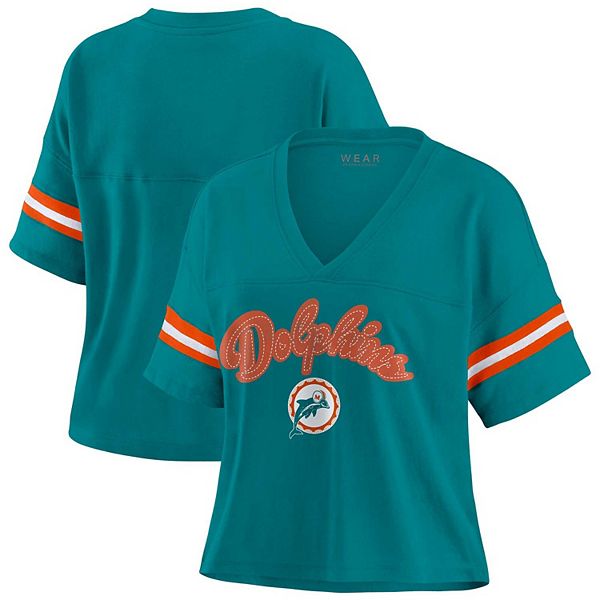 

Женская футболка Aqua Miami Dolphins plus size color block с V-образным вырезом Wear By Erin Andrews