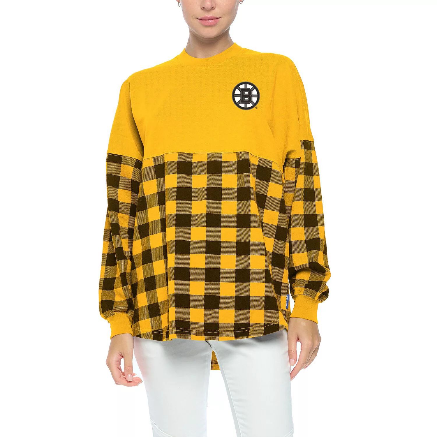 

Женская футболка Fanatics с логотипом Gold Boston Bruins в клетку Buffalo с длинными рукавами Fanatics