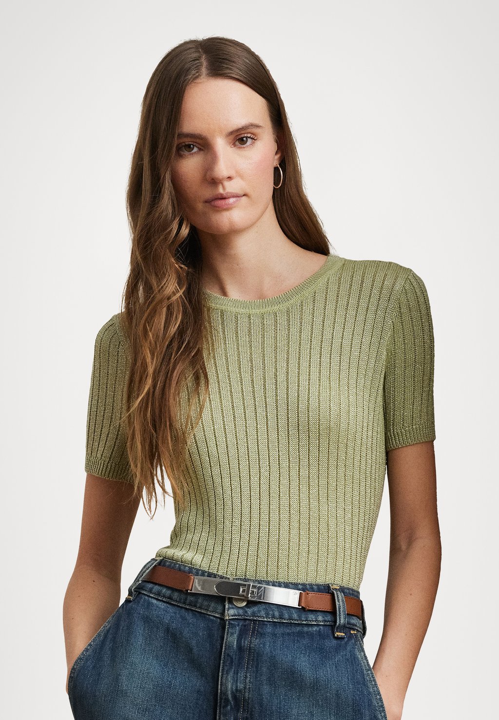 

Футболка с принтом METALLIC RIB KNIT SHORT SLEEVE SWEATER Lauren Ralph Lauren, оливковый