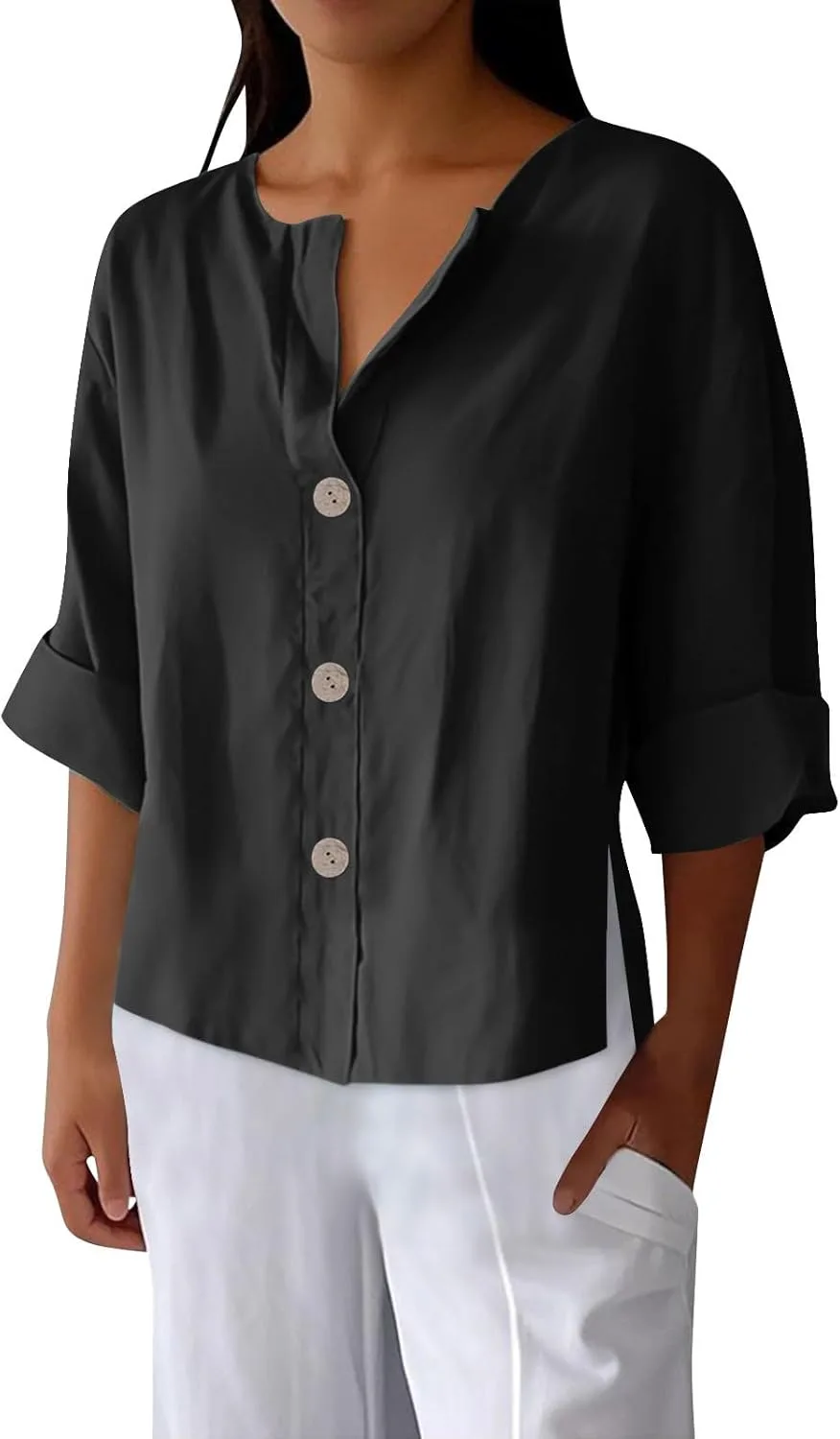 

Женская хлопковая блузка с рукавом 3/4 и v-образным вырезом