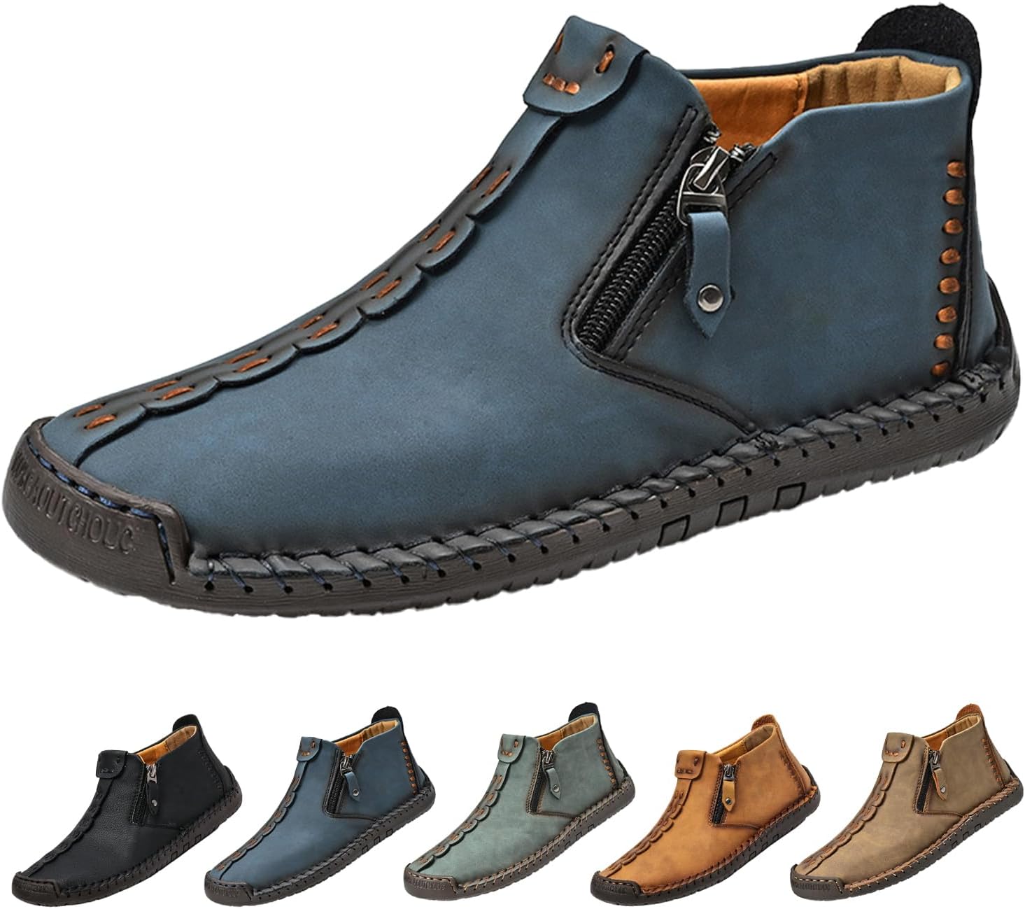 

Мужские полу-высокие ботинки Чакка, винтажный комфорт, ручная строчка, кожаные, водонепроницаемые, противоскользящие с молнией, для путешествий и походов Hneowgn, синий