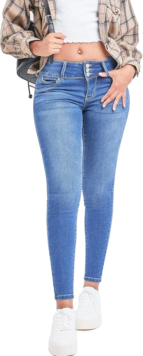 

YMI Women's Junior Mid-Rise Wannabettabutt 3-Button Skinny Jeans из переработанных волокон