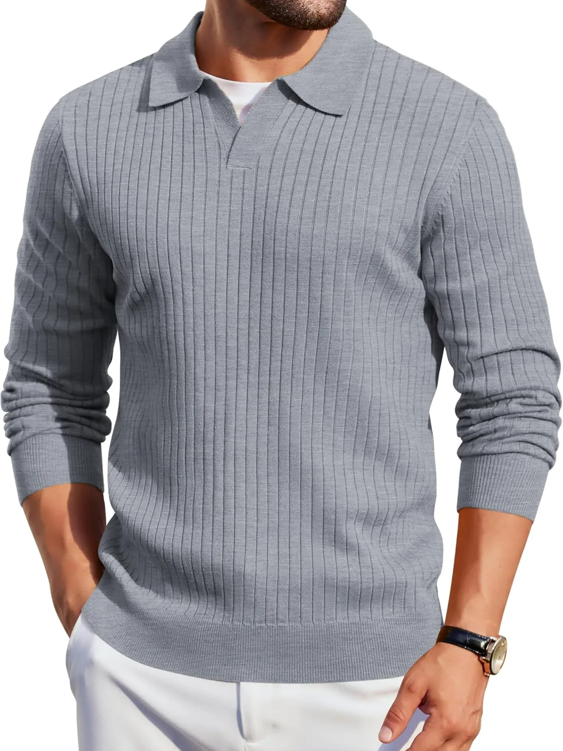 

COOFANDY мужской вязаный поло с длинным рукавом и V-образным вырезом