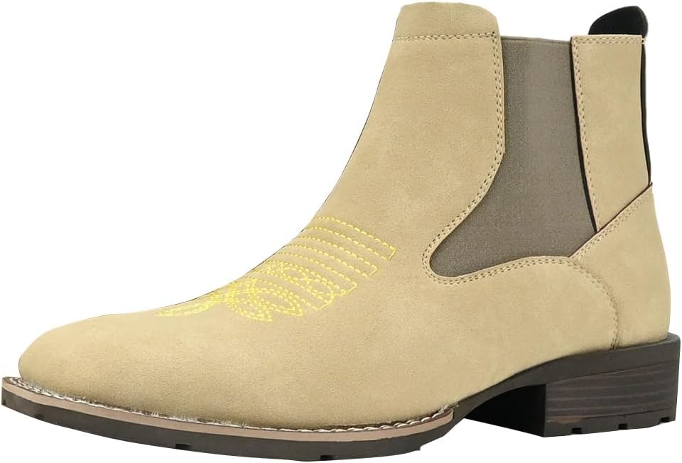 

Мужские ковбойские ботинки с квадратным носком, челси, водонепроницаемые, классические, с эластичными вставками, противоскользящие, повседневные ботильоны, светло-коричневая матовая кожа, вышитые детали Gnvkxeu