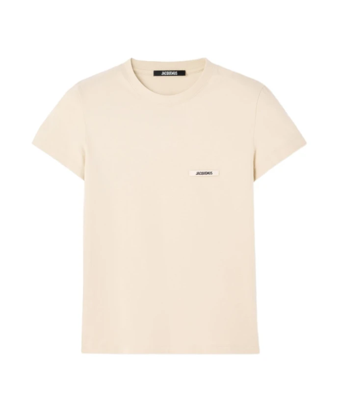 

Бежевая блузка с нашивкой с логотипом, короткие рукава. Jacquemus, бежевый