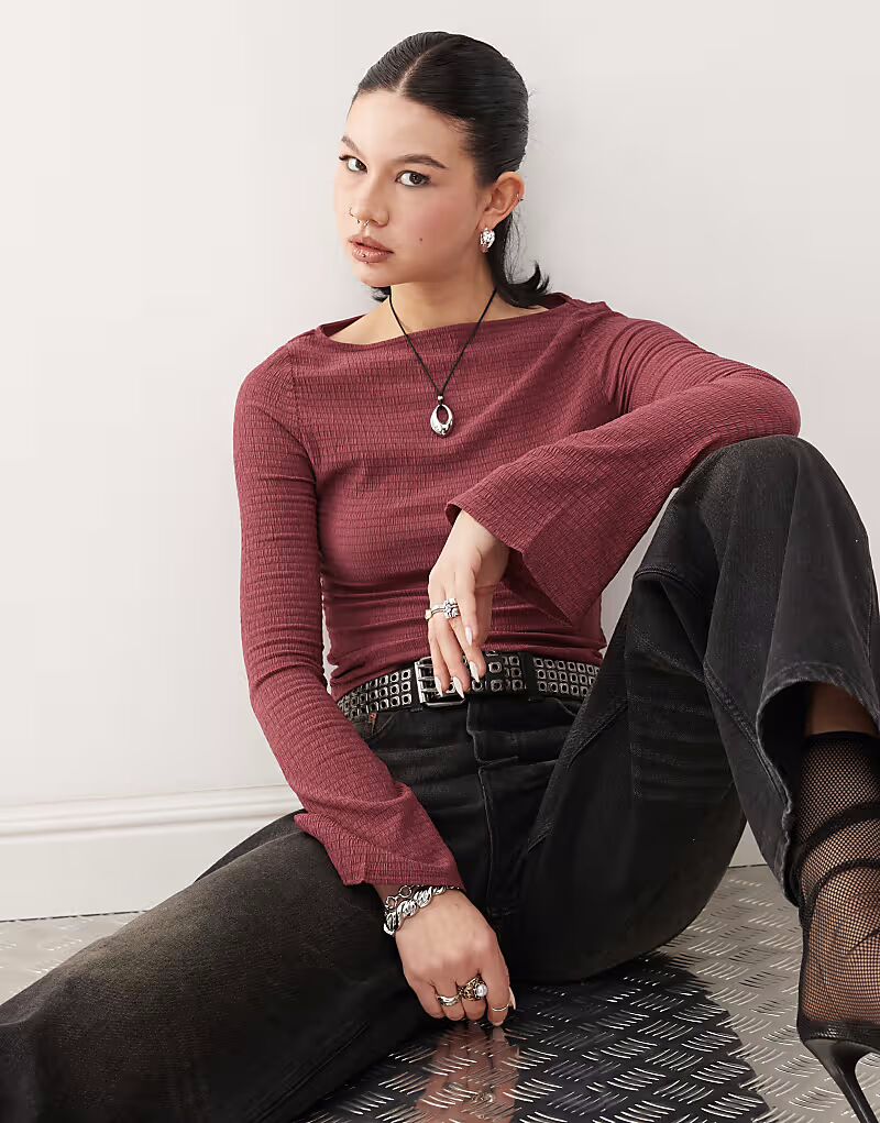 

Топ с расклешенными рукавами, текстурированный, пыльно-розового цвета Reclaimed Vintage