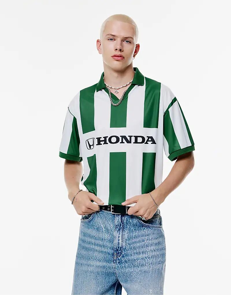 

Футболка-поло с логотипом Honda Pull&Bear зеленого/бежевого цвета