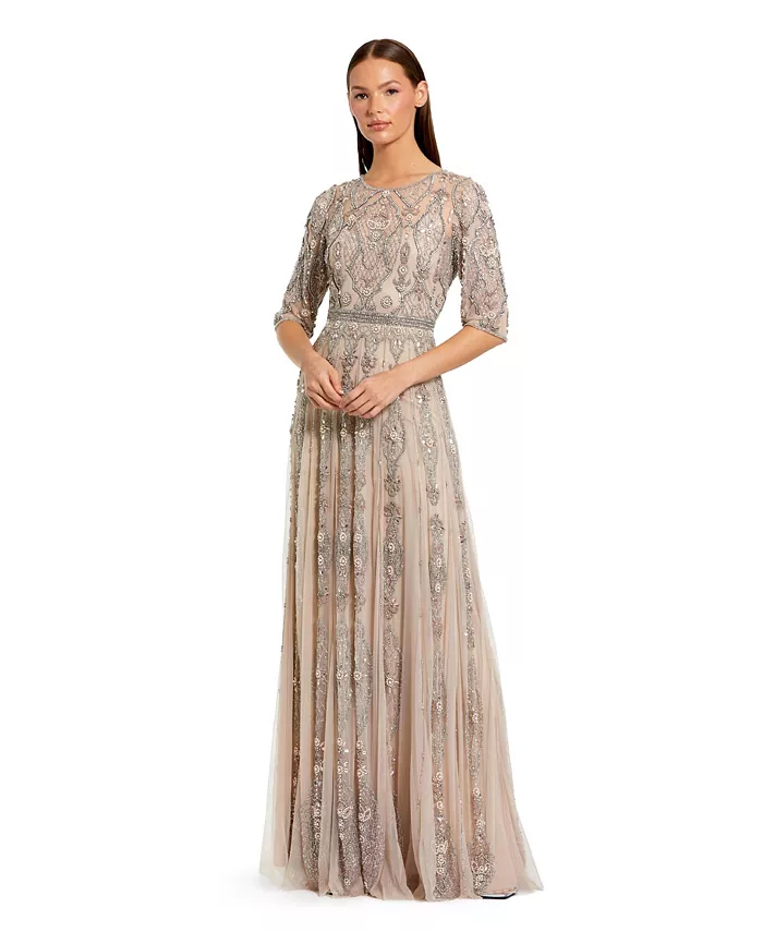 

Женское бежевое платье-трапеция с 3/4 рукавом и декоративными элементами Mac Duggal