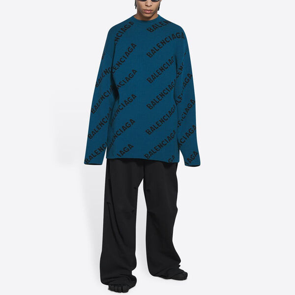 Свитер all over logo crewneck wool knit sweater 'petrol blue' Balenciaga, синий — фото 3