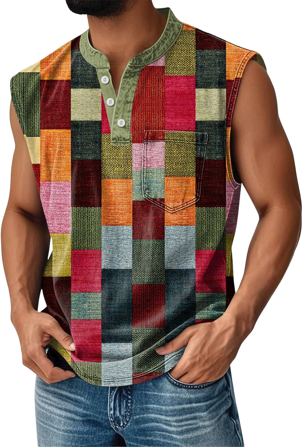 

Мужская летняя безрукавка Henley с нагрудным карманом и геометрическим принтом HYYGOCCTV