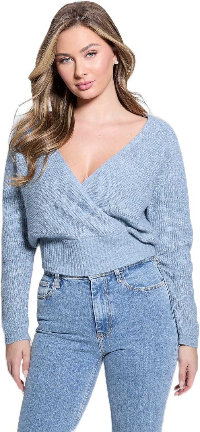 

GUESS Женский Эко Длинный Рукав Свитер Surplice Cable Kellie, Blue Ribbon