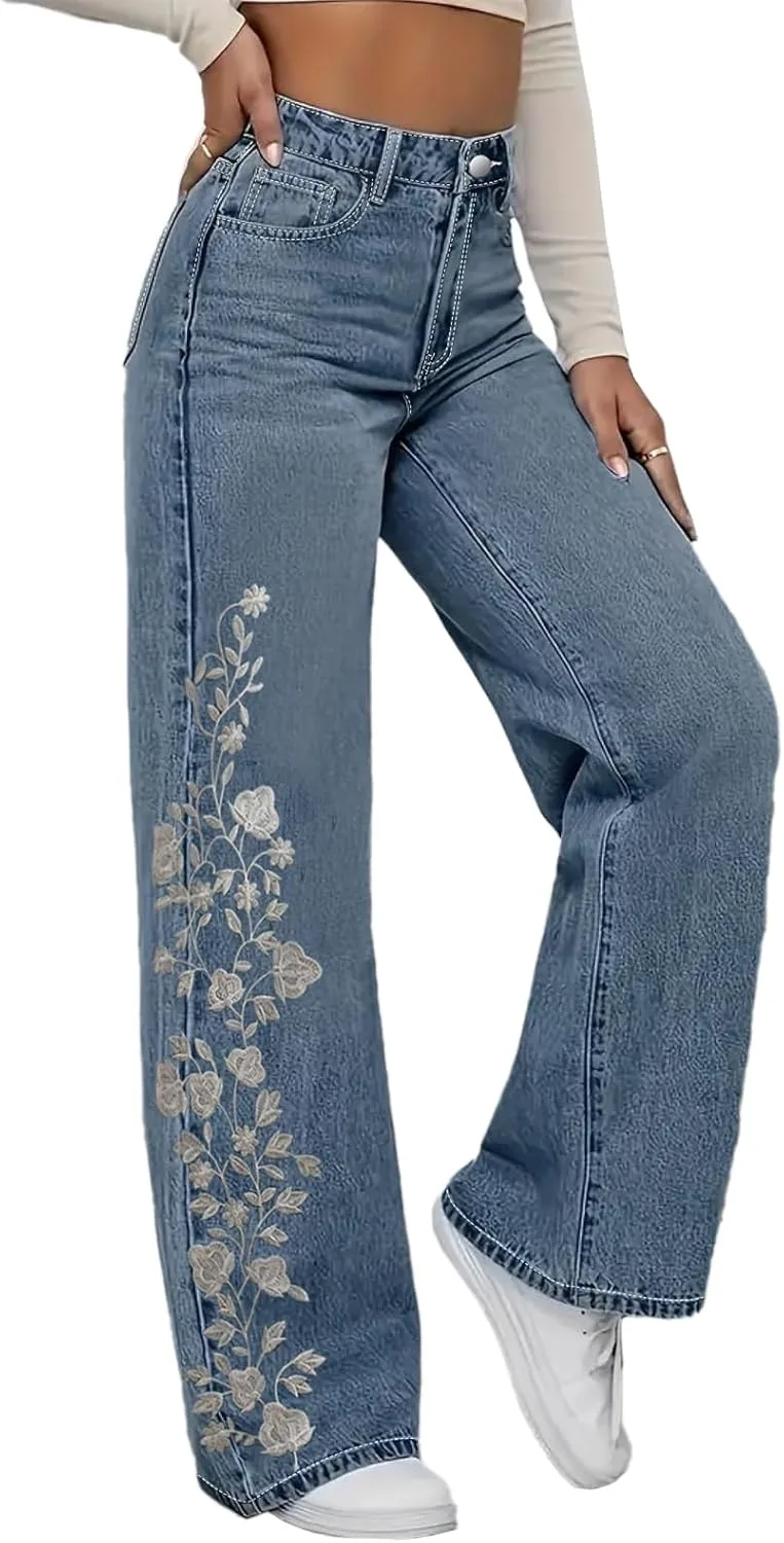 

Cuyulitcik Plus Size джинсы для женщин с высокой талией, прямым кроем и цветочной вышивкой QERINTE