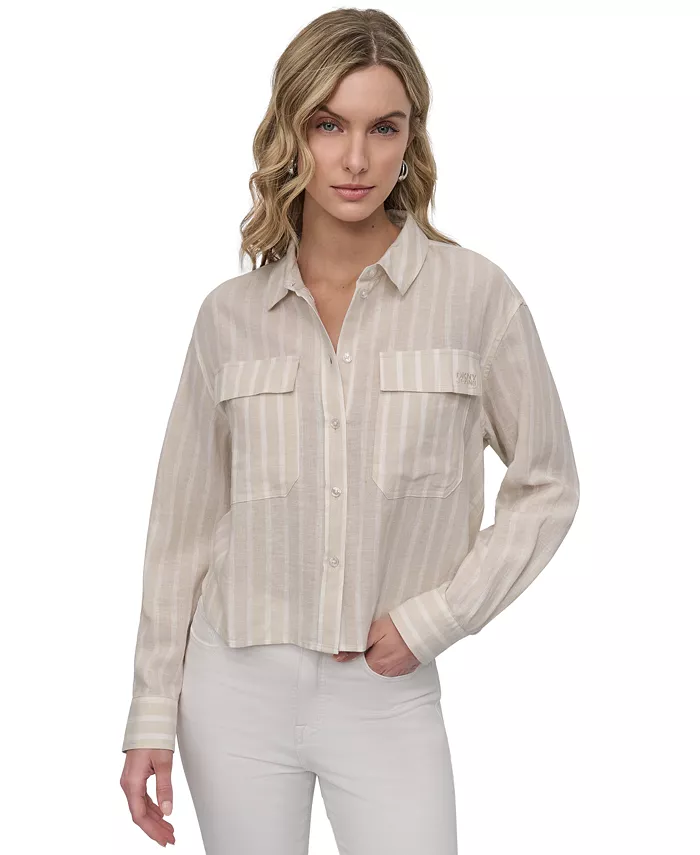 

Женская укороченная рубашка с длинным рукавом из смесового льна DKNY Jeans, коричневый/бежевый