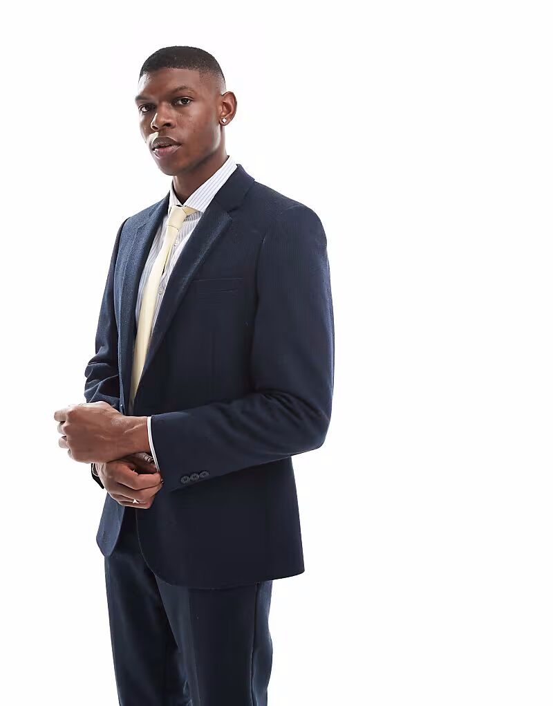 

Двубортный облегающий пиджак из шерсти синего ячменного переплетения Asos Design