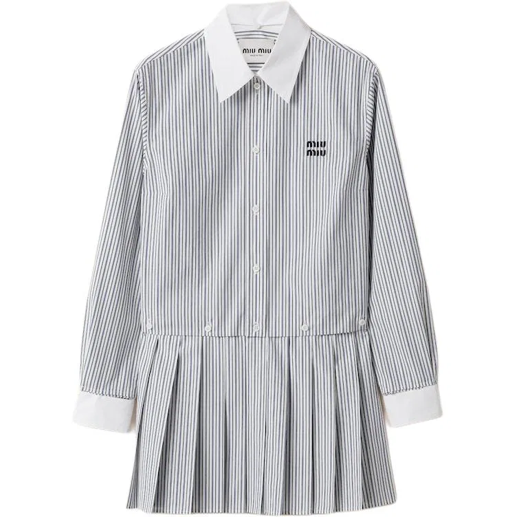 Плиссированное мини-платье-рубашка в полоску MIU MIU, Blue White