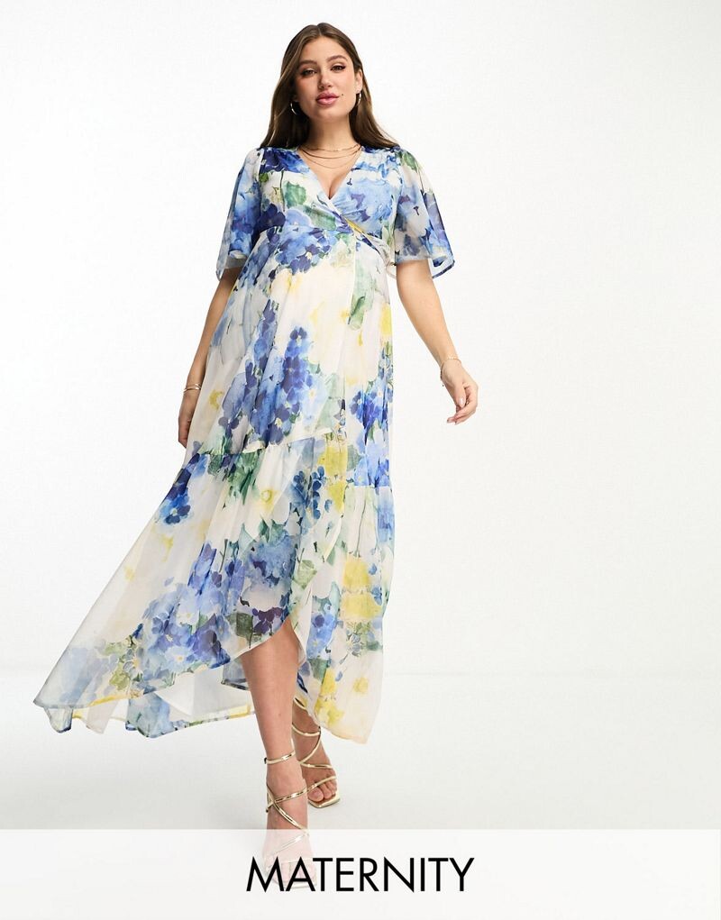 

Синее платье макси с оборками и запахом Hope & Ivy Maternity