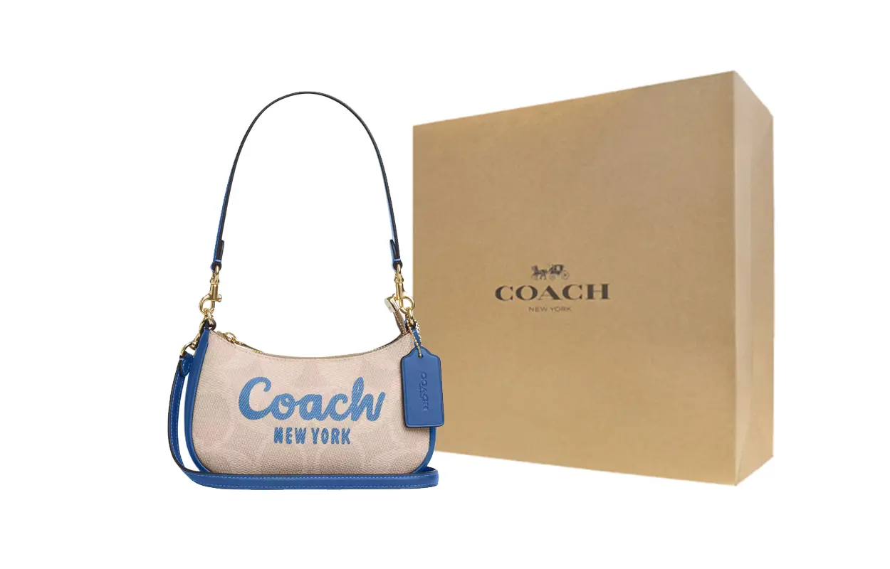 

COACH Терри холщовая с кожаной сумка кроссбоди мини женская бежевая и синяя