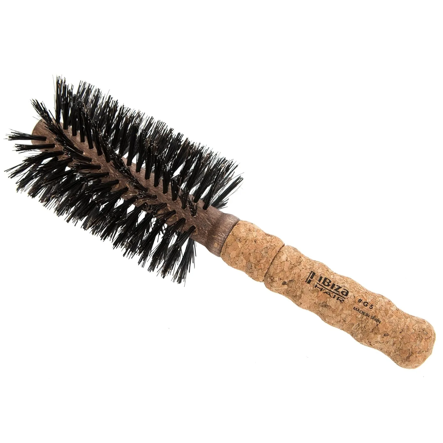 Круглая щетка Ibiza Hair Boar Bristle (серия G) с гибридной щетиной из кабаньей щетины и углеродного волокна, пробковая ручка, для блеска и текстуры средних и длинных волос G5, Black