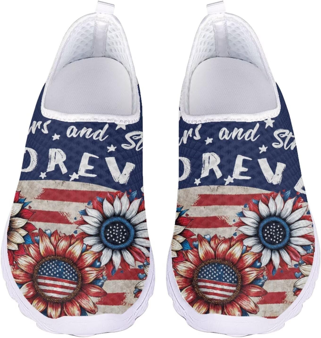 

Кроссовки Jeiento на Хэллоуин для женщин и мужчин, для вечеринки на Хэллоуин, прогулок и бега, слипоны, дышащая сетка, спортивная и модная обувь, Sunflower Usa Flag