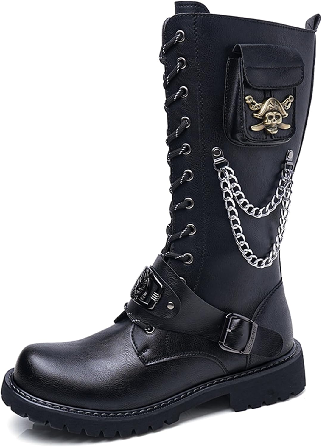 

Мужские байкерские ботинки NEGYANME из винтажной кожи, водонепроницаемые, на шнуровке, с панк-металлической цепочкой, тактические ботинки, подходят для рок-концертов, езды на мотоцикле и повседневного отдыха, черный
