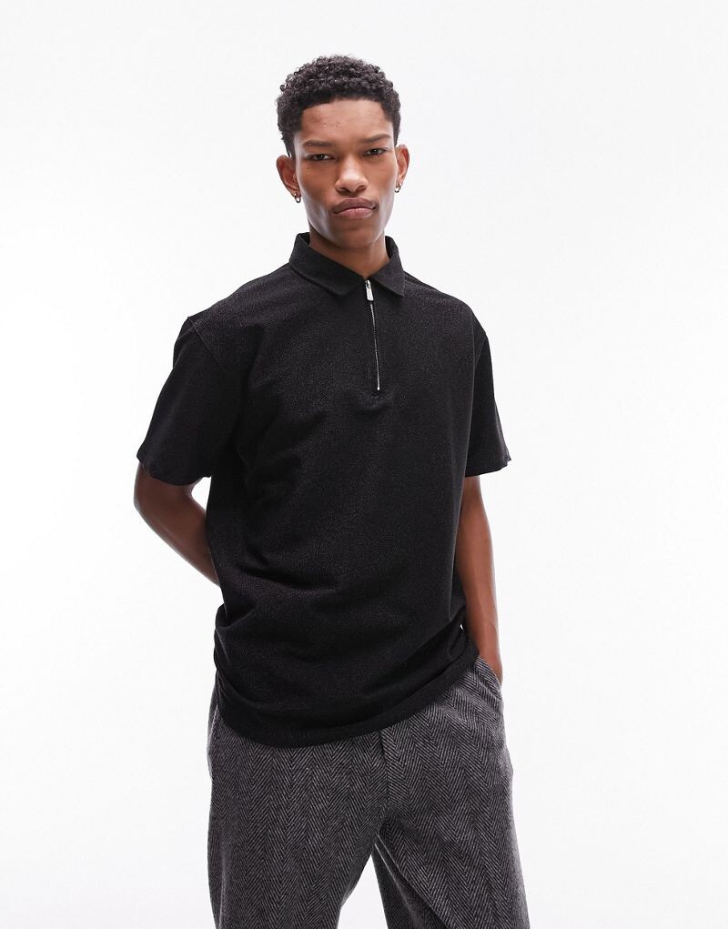 

Черная футболка-поло оверсайз с блестками Topman