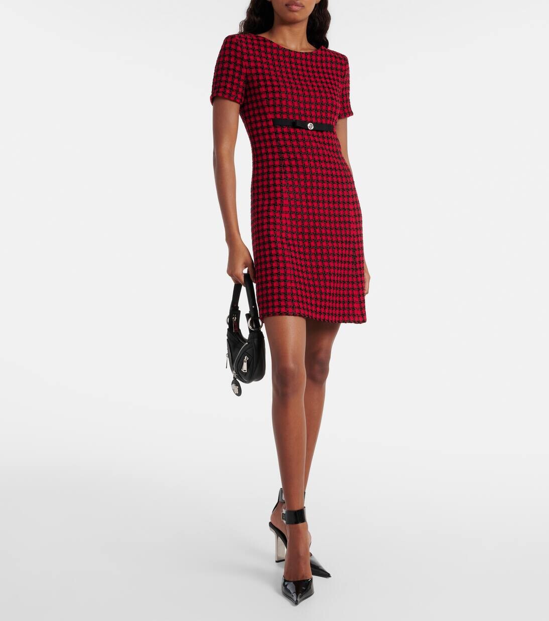 Мини-платье из твида с добавлением шерсти в клетку Versace, цвет lipstick red, black — фото 2