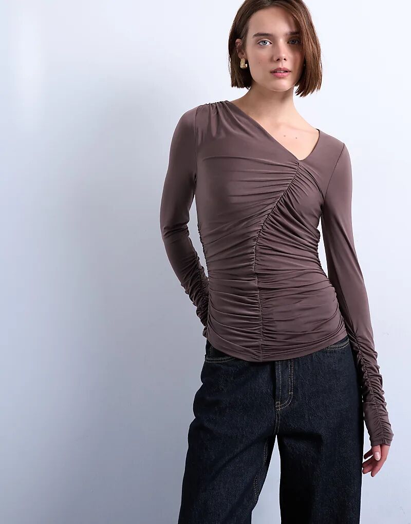 

Асимметричный лонгслив Topshop с длинными рукавами и сборками коричневого цвета