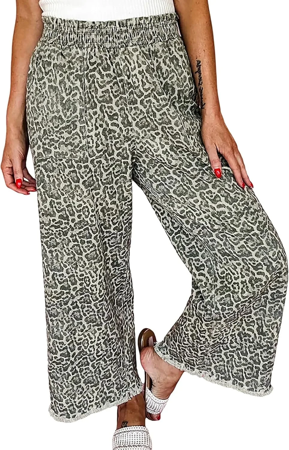 

Женские джинсы с леопардовым принтом, широкие, высокая посадка, эластичные, свободный крой, рваный край, укороченные QLAUYIOE