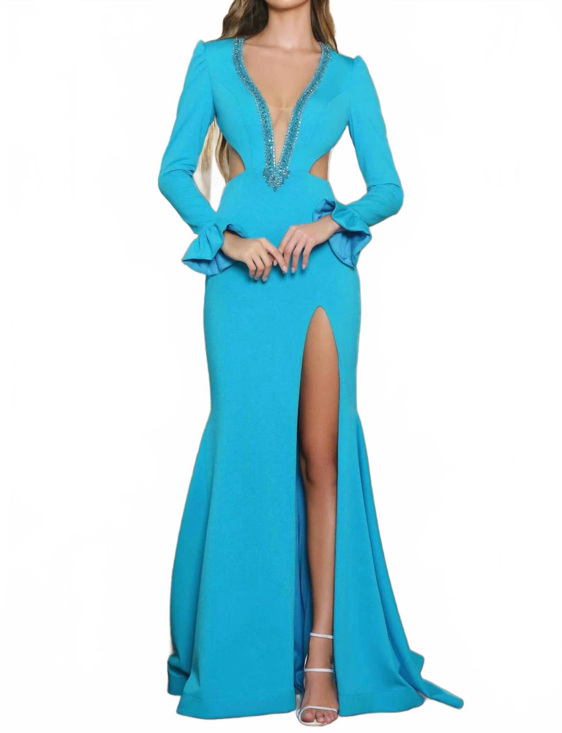 

Plunging Neckline Side-Cuts Mermaid Gown In Turquoise Ava Presley, Turquoise