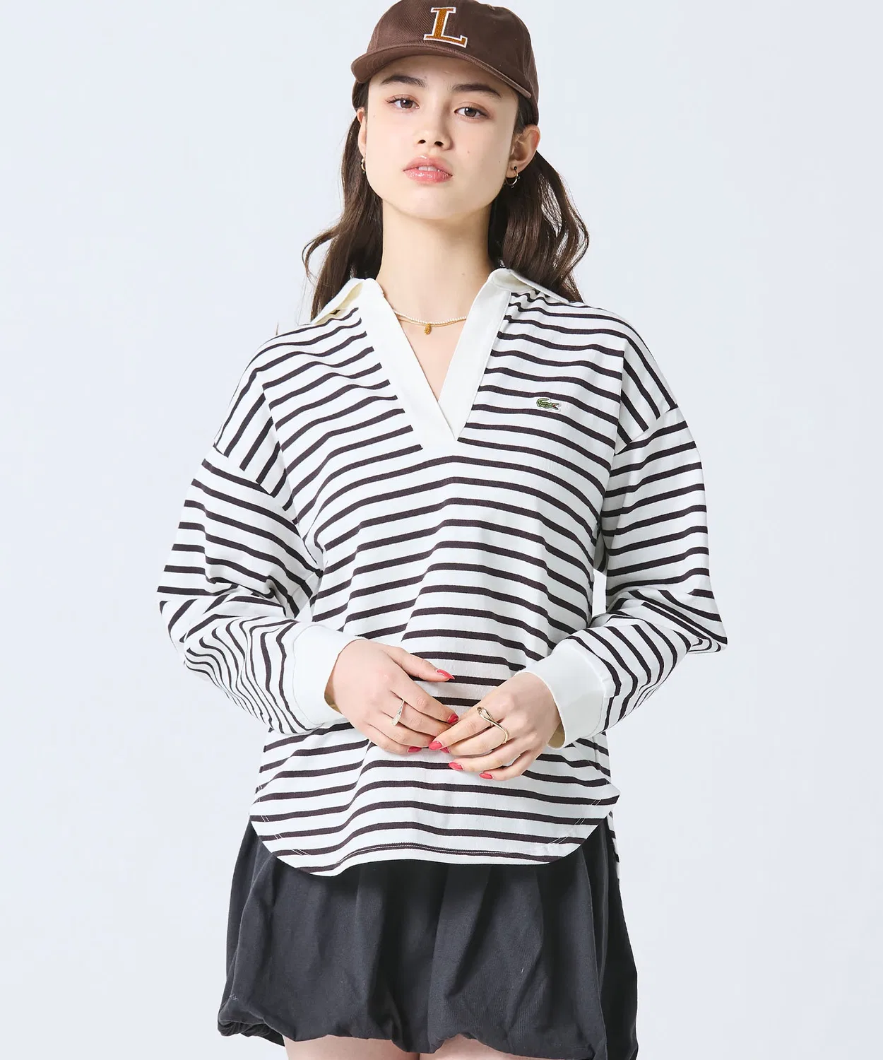 Лонгслив Cotton Jersey Скиппер-Нек, бежевый с бордовой полосой — фото 3
